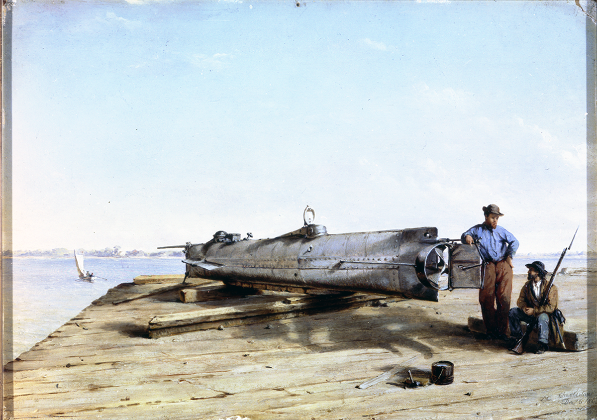 Painting showing the H.L. Hunley, and its inventor, on a dock in against a background of water and a blue sky.