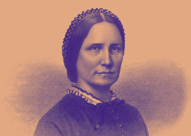 An etching portrait of Mary Ashton Livermore, Head and shoulders, 3/4 profile facing left.